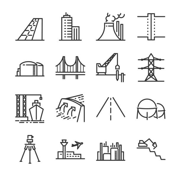 ilustrações de stock, clip art, desenhos animados e ícones de engineering line icon set. included the icons as building, dam, industrial, silo, power plant, estate and more. - porto