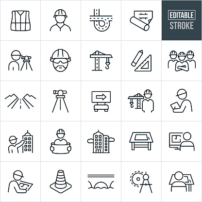 A set of engineering icons that include editable strokes or outlines using the EPS vector file. The icons include an engineer, safety vest, engineer with hardhat, road, blueprint, surveyor, construction crane, drawing tools, drafting tools, engineering team, open road, survey equipment, road construction sign, engineer standing next to a construction crane, construction inspection, engineer next to skyscraper, engineer with blueprint, construction worker, high rise buildings, drafting table, engineer at computer, construction cone, bridge, drawing compass and other related icons.