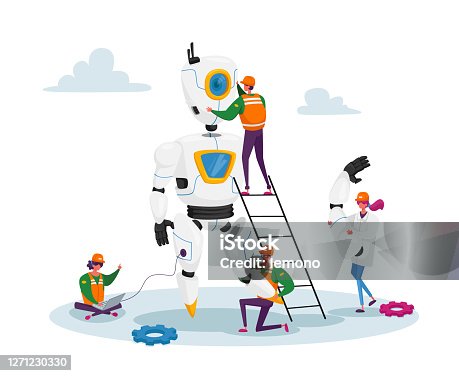 istock Engineers Scientists Tiny Characters Making Programming Huge Robot in Science Laboratory. Robotics Hardware and Software 1271230330