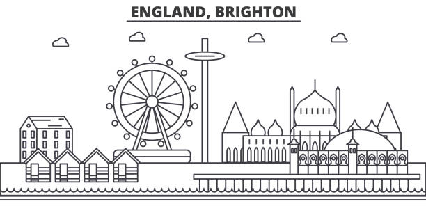 영국, 브라이튼 건축 선 스카이 라인 그림 유명한 랜드마크, 시티 명소와 선형 벡터 풍경 디자인 아이콘. 편집 가능한 선 프리 - brighton stock illustrations
