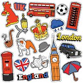 England Travel Scrapbook Stickers, Patches, Badges for Prints with London Taxi, Royal Crown and British Elements. Comic Style Vector Doodle