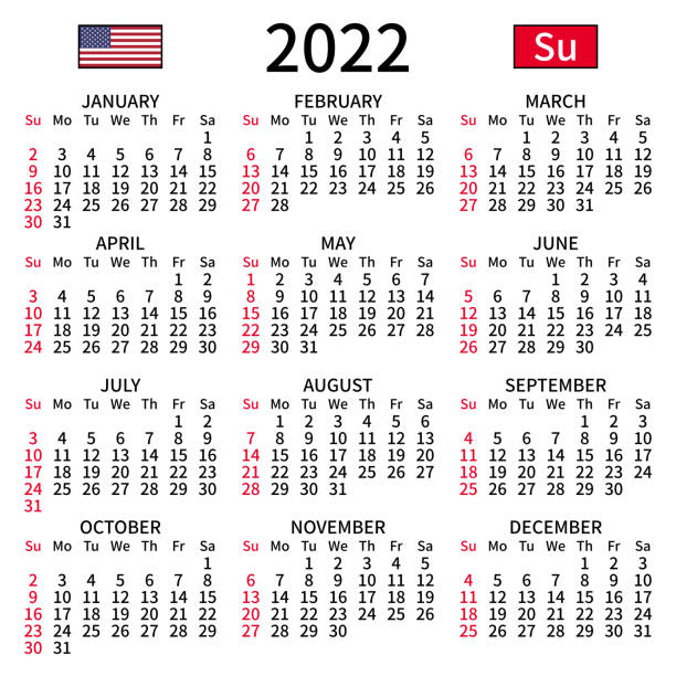 English calendar 2022, Sunday vector art illustration