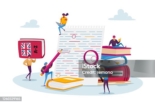 istock English Grammar Examination. Tiny Characters Correct Mistakes and Errors in Test Written on Huge Paper. Fail Exam Result 1260329165