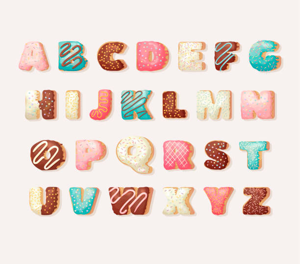 stockillustraties, clipart, cartoons en iconen met engels zoete donut alfabet abc kinder alfabet. alfabetisch ingesteld in bakkerij donuts stijl. groet partij vector lettertype. - chocoladeletter