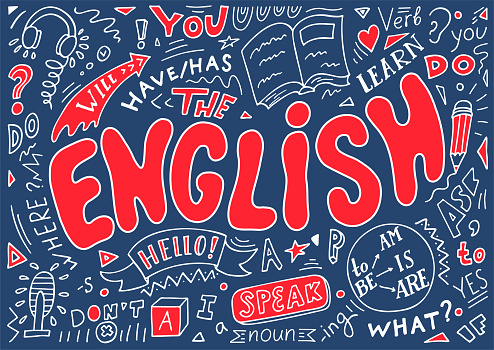 English. Hand drawn doodles and lettering. English education concept.