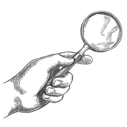 Engraved hand holding magnifying glass. Retro hand drawn detective magnifier, search sketch and antique loupe vector illustration