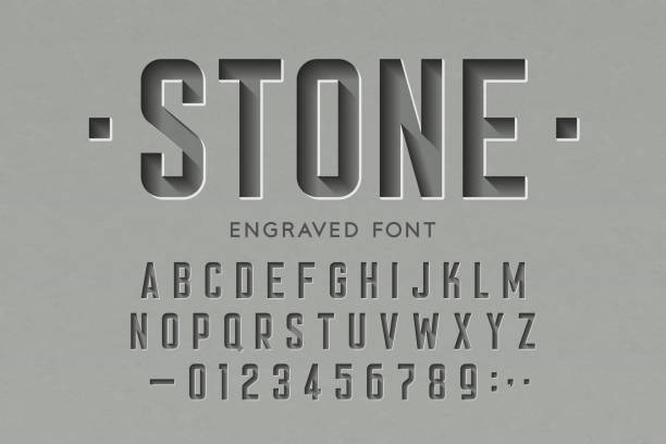 Engraved on stone font Engraved on stone font, alphabet letters and numbers vector illustration stone material stock illustrations