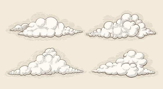 Engraved clouds. Hand drawn sketched vector vintage cloud elements, ink engraved retro cumulus image