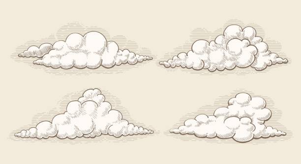 Engraved retro clouds collection Engraved clouds. Hand drawn sketched vector vintage cloud elements, ink engraved retro cumulus image cloudscape stock illustrations