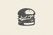 Engraving burger silhouette with texture hand drawn style effect vector illustration. Hamburger logo for fast food packaging and restaurant menu decoration.