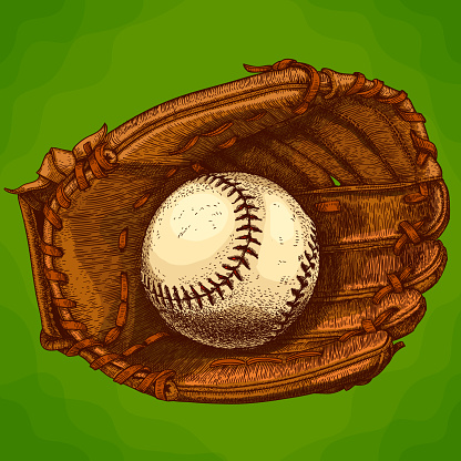 Vector antique engraving illustration of baseball glove and ball in retro style