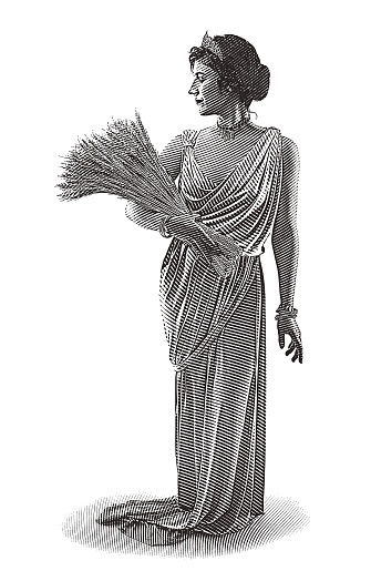 Engraving illustration of Demeter, the goddess of the harvest and fertility
