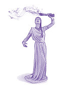 Engraving of a Spiritual woman performing sage smudging ceremony with smoke morphing into flying doves