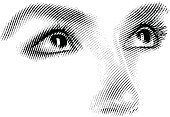 Engraving illustration of eyes looking up.