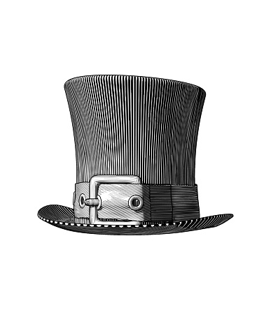 Engraving of men's vintage top hat vector illustration on white BG