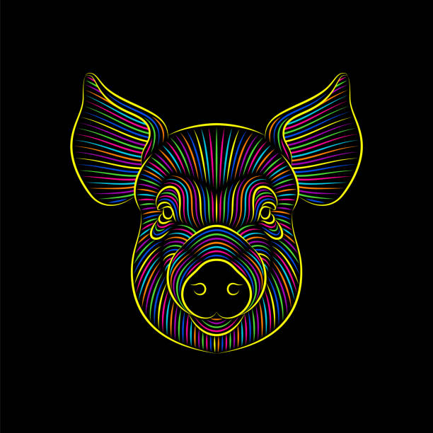 Engraving of stylized psychedelic pig portrait on black background. Engraving of stylized psychedelic pig portrait on black background. Line art. Stencil art pig patterns stock illustrations