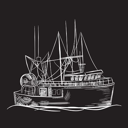Engraving Style Marine and Nautical Element - Fishing Boat