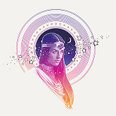 Engraving vector of Goddess framed with stars, space and moon