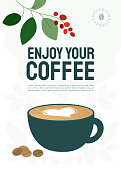 Poster of specialty coffee with cup of cappuccino, milk heart and roasted beans. Vector illustration with quote Enjoy your coffee. Design for restaurant, cafe, shop. Background for banner, menu, flyer