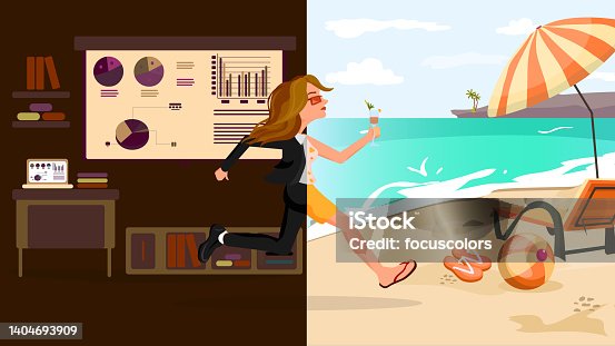 istock Entrepreneurs escape to exotic sea sand beach, woman in formal suit leaving office. The situation of a business woman's life divided into two. Concepts of recovery and escape from the stresses of business life, rest and time for oneself. 1404693909