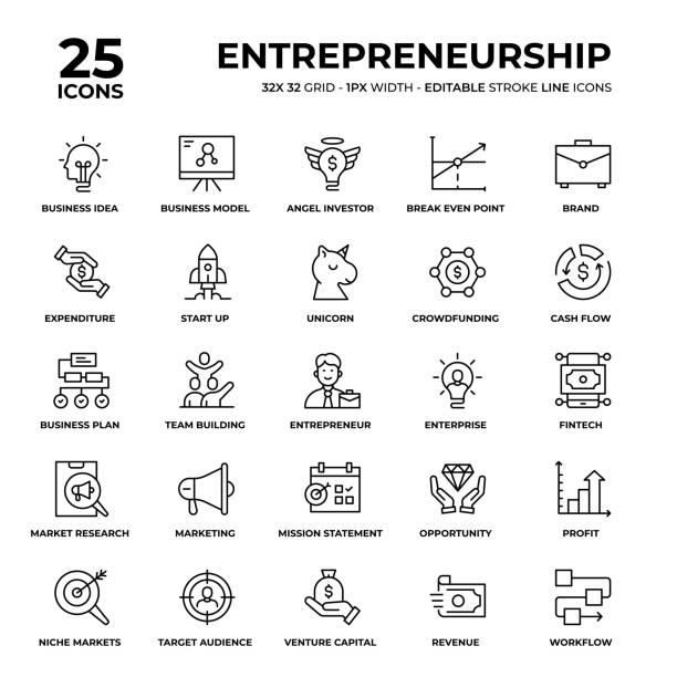 Entrepreneurship Line Icon Set Entrepreneurship Vector Style Thin Line Icons on a 32 pixel grid with 1 pixel stroke width. Unique Style Pixel Perfect Icons can be used for infographics, mobile and web and so on. entrepreneur symbols stock illustrations
