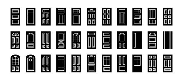 Entry wooden panel and glass doors. Interior and exterior architecture elements. Front and back doors. Flat icon collection Entry wooden panel and glass doors. Interior and exterior architecture elements. Front and back doors. Flat icon collection. Isolated objects on white background door silhouettes stock illustrations