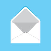 Vector illustration of an open envelope against a blue background in flat style.