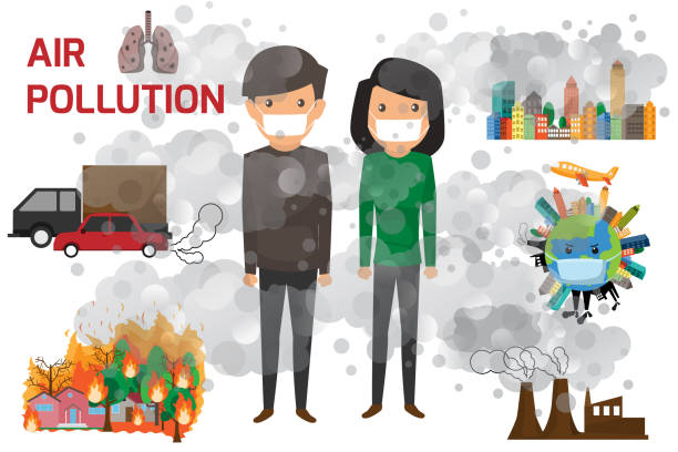 Environmental pollution infographics set with information about environmental impact. Air Pollution and cartoon character vector illustration. vector art illustration