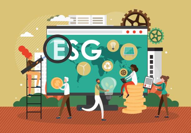 Environmental, social, corporate governance, ESG criteria Sustainable, responsible investment. Green business, vector. Environmental, social and corporate governance, flat vector illustration. ESG criteria used by investors. Sustainable, responsible investment. Green business company development. esg stock illustrations