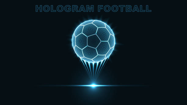 ilustrações de stock, clip art, desenhos animados e ícones de eps10. hologram of a soccer ball. neon glow of a silhouette of dots and triangles. abstract vector background. - soccer night