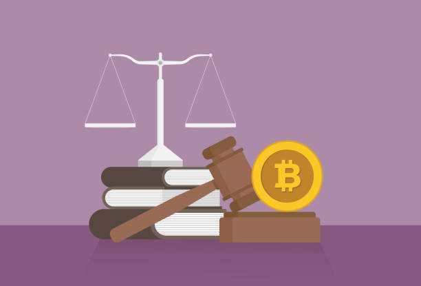 Equal-arm balance, a book, a gavel, and a cryptocurrency coin on a table vector art illustration