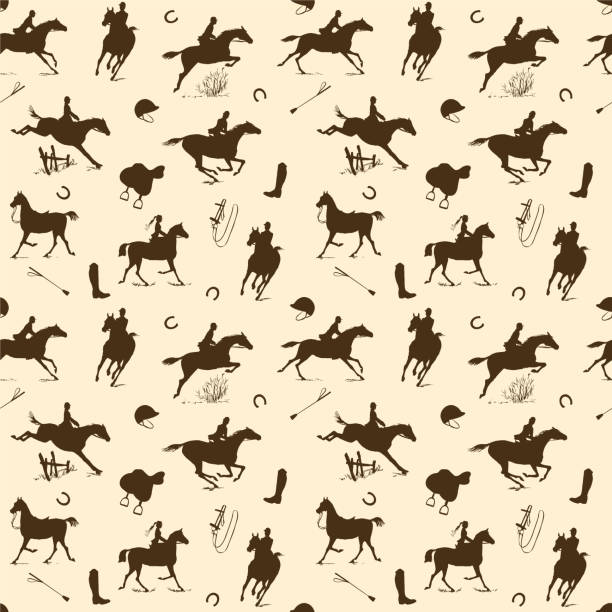 Equestrian horse riding style silhouette seamless pattern. Brown beige english fox hunting style. Horseback man and woman galloping on field. Hand drawing vector saddle, bridle, belt silk scarf art horse designs stock illustrations