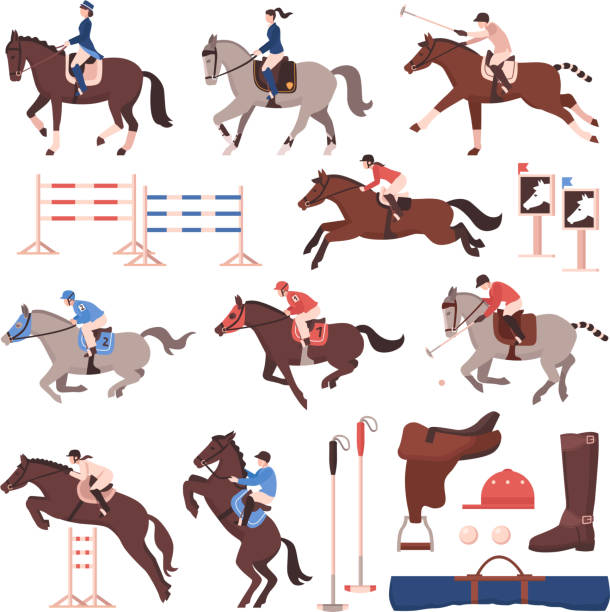 equestrian sport horse riding racing set Equestrian sport set of flat icons with riders and polo players, horses, gear, hurdles isolated vector illustration saddle stock illustrations