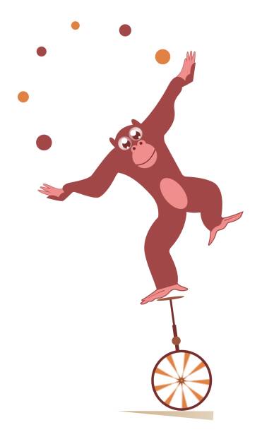 Equilibrist monkey rides on the unicycle and juggles the balls illustration vector art illustration