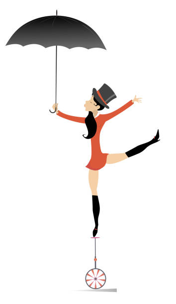 Equilibrist woman on the unicycle with umbrella illustration vector art illustration
