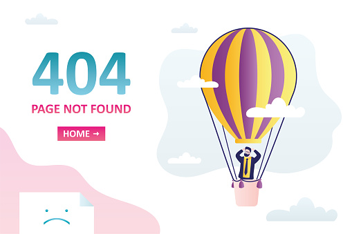 404 error, page not found, landing page template. Unhappy businessman is flying in hot air balloon. Sad male character in sky. Disconnection, connect problem, error page. Vector illustration
