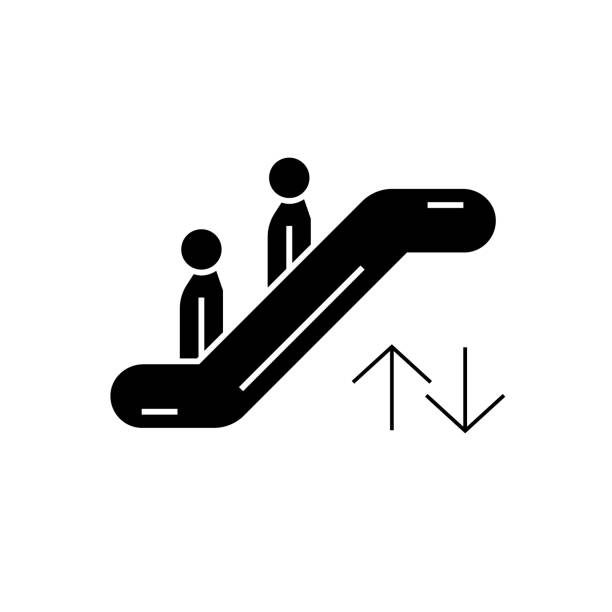 ilustrações de stock, clip art, desenhos animados e ícones de escalator black vector concept icon. escalator flat illustration, sign - stairs subway