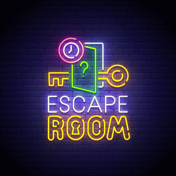 escape room neonschild, helles schild, helles banner. quest-zimmer-logo neon, emblem. vektorabbildung - flüchten stock-grafiken, -clipart, -cartoons und -symbole