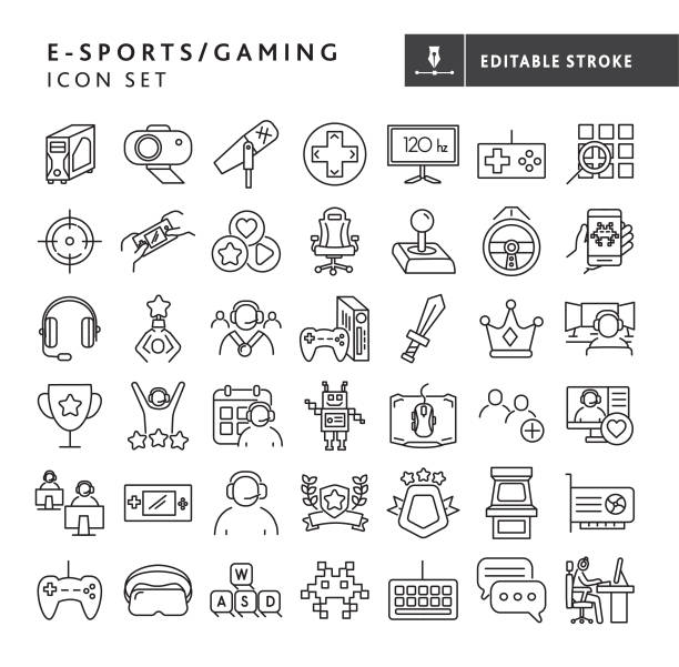 E-sports and gaming, gaming equipment, games, online streamers, winning big thin line Icon set - editable stroke Vector illustration of a big set of 43 for e-sports. Includes gaming computer, hd webcam, microphone, gaming controllers, gaming monitors, searching for games, cross hair for fps, hand held console, gaming chair, joystick, wheel, retro games, streamer gaming interact button, vr headset, competition, video card, arcade cabinet, gaming station, gaming mouse, and awards. Fully editable stroke outline for easy editing. Simple set that includes vector eps and high resolution jpg in download. arts culture and entertainment stock illustrations