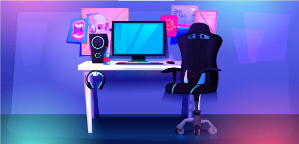 ilustrações de stock, clip art, desenhos animados e ícones de esports interior banner. workplace cyber sportsman gamer. a desk with a computer and headphones and a mouse with light and a gamers chair. vector cartoon illustration - living room night nobody