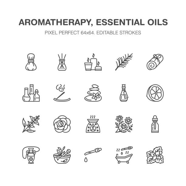 Essential oils aromatherapy vector flat line icons set. Elements - aroma therapy diffuser, oil burner, candles, incense sticks. Linear pictogram editable strokes for spa salon. Pixel perfect 64x64 Essential oils aromatherapy vector flat line icons set. Elements - aroma therapy diffuser, oil burner, candles, incense sticks. Linear pictogram editable strokes for spa salon. Pixel perfect 64x64. aromatherapy stock illustrations