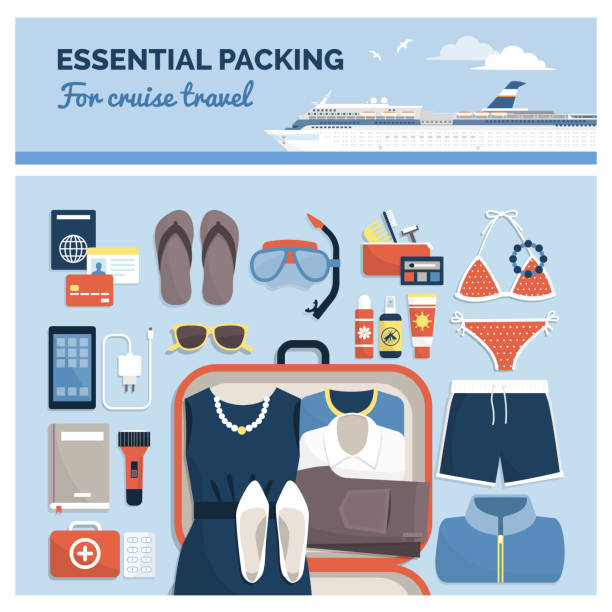 stockillustraties, clipart, cartoons en iconen met essentiële verpakking voor een cruise reizen - packing suitcase