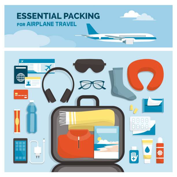 stockillustraties, clipart, cartoons en iconen met essentiële verpakking voor vliegtuig reizen - packing suitcase