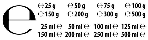 Estimated e sign (e-mark) with correct dimensions as per EU Directive 71/316. Versions with commonly used weights and volumes for food and cosmetics label. vector art illustration