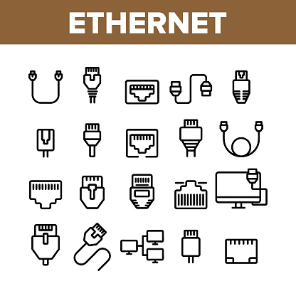 Ethernet Collection Elements Icons Set Vector Thin Line. Internet And Network Connection Cable Cord Wire Ethernet Details Concept Linear Pictograms. Monochrome Contour Illustrations