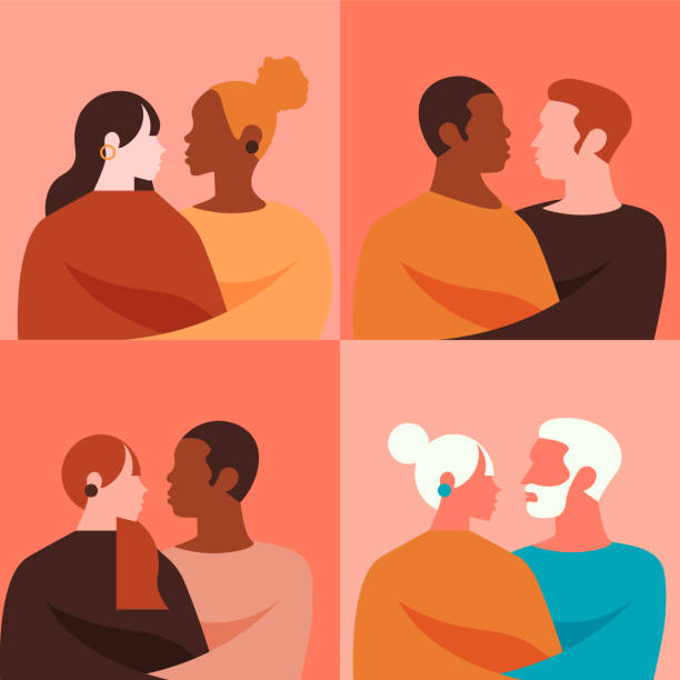 種族和性多樣性的夫婦一起給對方一個擁抱。 - 人類性行為 插圖 幅插畫檔、美工圖案、卡通及圖標