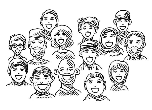 Ethnic Diversity Group Of People Drawing Hand-drawn vector drawing of an Ethnic Diversity, Group Of People. Black-and-White sketch on a transparent background (.eps-file). Included files are EPS (v10) and Hi-Res JPG. teamwork drawings stock illustrations