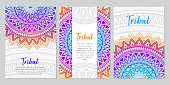 Templates with doodle tribal mandalas. Vector illustration for congratulation or invitation.