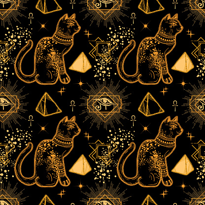 Ethnic seamless pattern with egyptian goddess Bastet, pyramids, ornaments, moon and constellation. Alchemy and astrology vibes.
