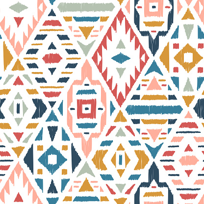 Ethnic Tribal Argyle Seamless Pattern. Traditional Boho Ikat Ornament of Doodle Rhombuses. Vector Abstract Mosaic Geometric Diamond Shapes Vector Colorful Background